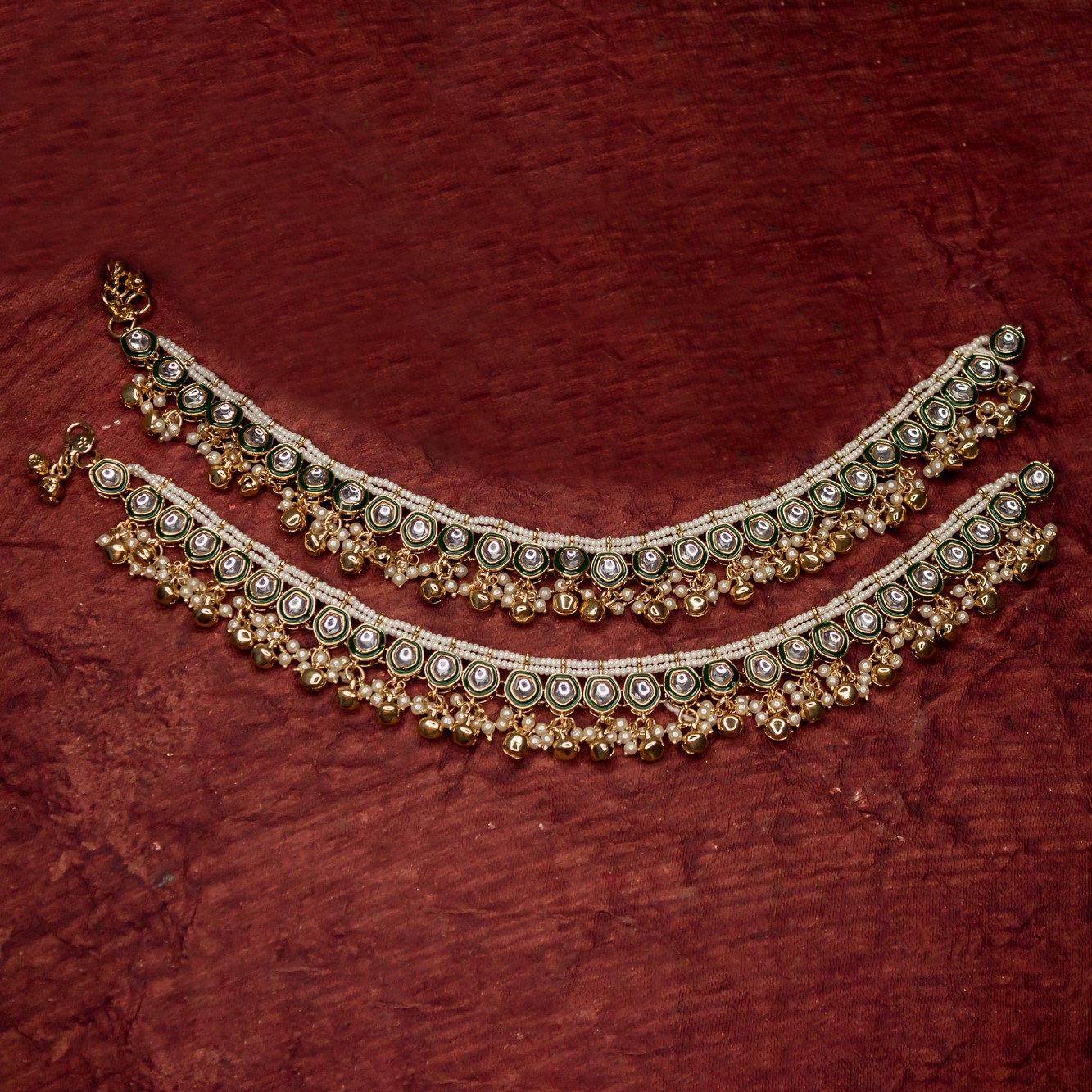 GREEN MEENAKARI ANKLETS WITH GOLDEN GHUNGROO