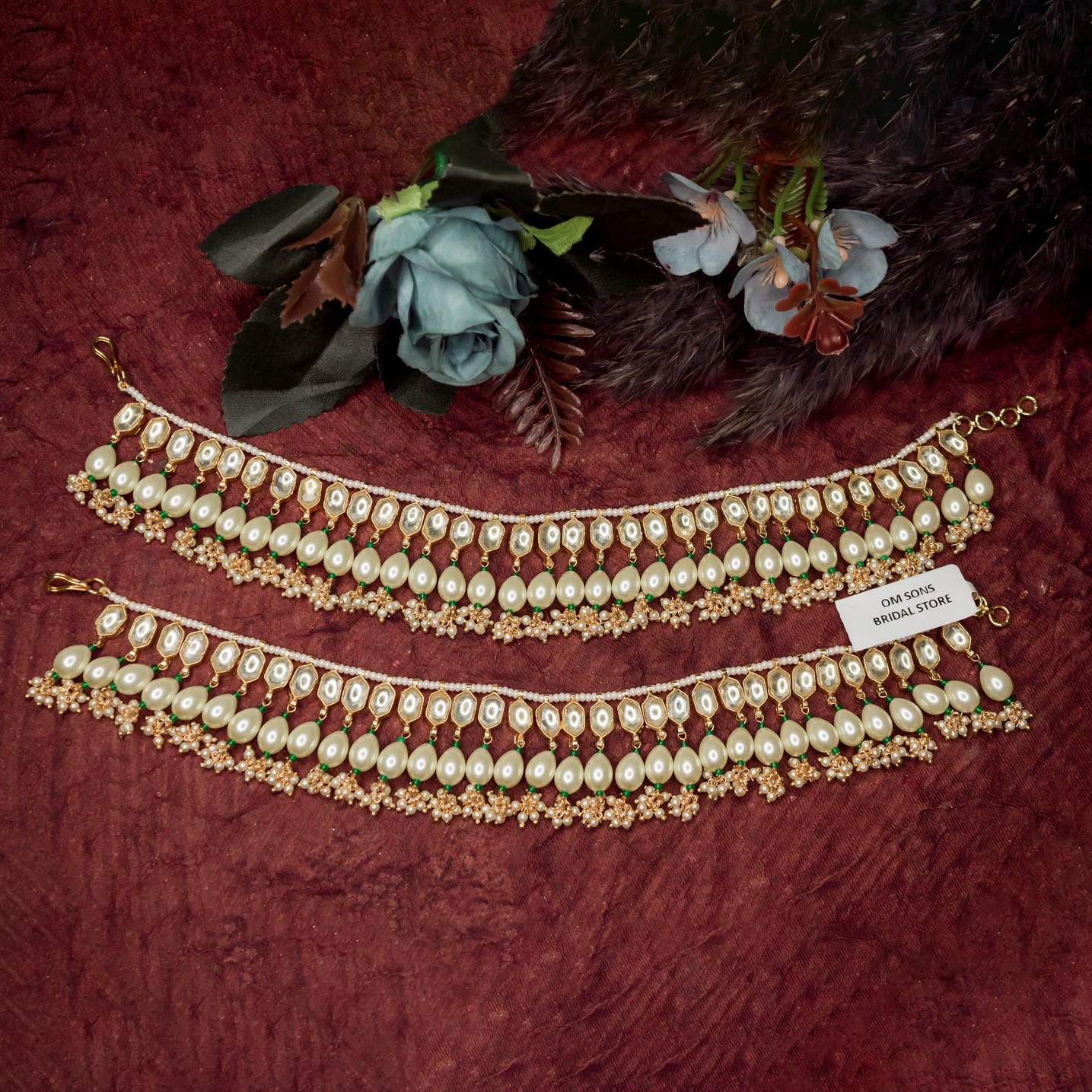 PEARL BEADED KUNDAN ANKLETS WITH PEARLS DROPS