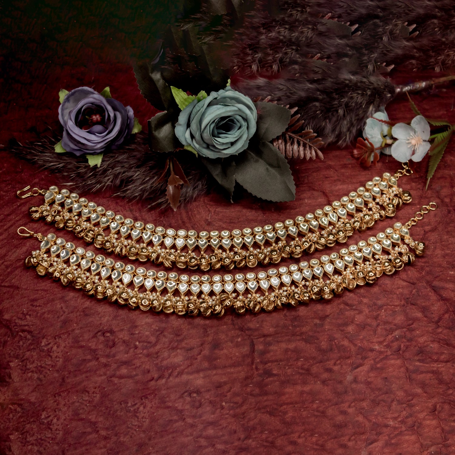 ROUND DROP KUNDAN ANKLETS WITH GHUNGROO
