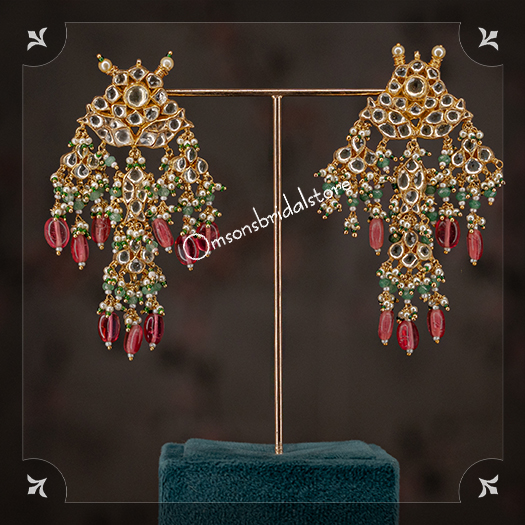 HIGH END KUNDAN EARRINGS WITH RUSSIAN GREEN AND RHODOLITE DROPS
