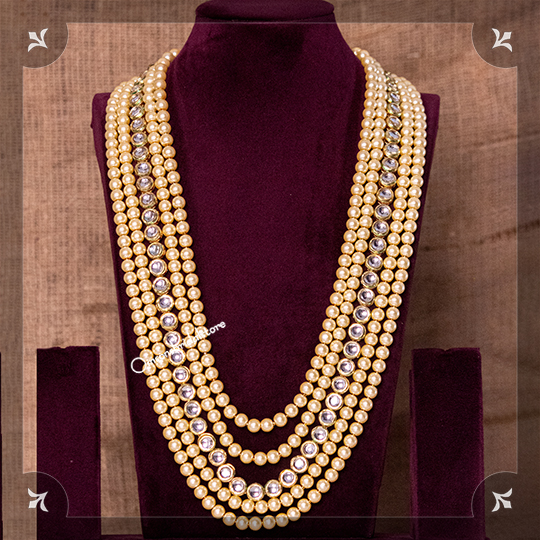 ENGRAVED RUSSIAGROOM MALA IN CHAMPAIGN GOLD PEARLS WITH KUNDAN STRINGN GREEN SAPPHIRE UNCUT POLKI LONG NECLACE