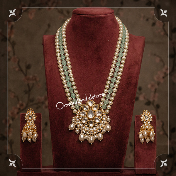 KUNDAN LONG NECKLACE WITH PEARLS AND MINT BLUE STRINGS