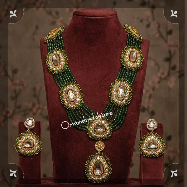 KUNDAN LONG NECKLACE WITH SMALL LIGHT GREEN MOTTI AND EMERALD STRINGS