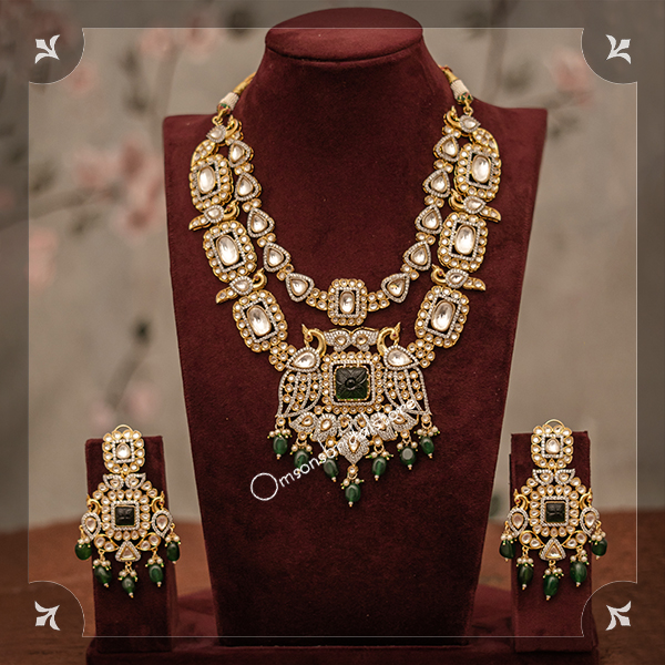 UNCUT POLKI LONG NECKLACE WITH DIAMONDS AND EMERALD DROPS