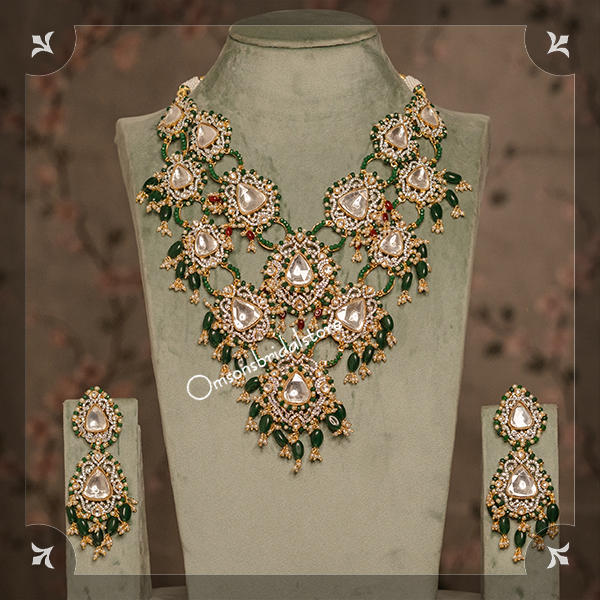 UNCUT POLKI LONG NECKLACE WITHDIAMONDS AND EMERALD DROPS
